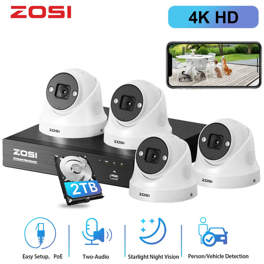 4K Poe Security Camera System with AI Human Detection,  8CH Security Camera System 2TB, 4Pcs Outdoor Poe Security Camera with Audio, Color Night Vision, 24/7 Record, Home Business Security