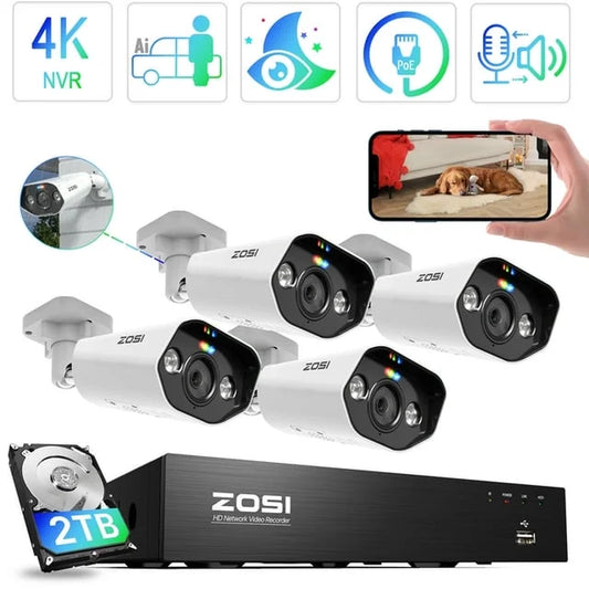 4K Poe Security Camera System with AI Detection,  5MP Outdoor Spotlight Security Camera with Two-Way Audio, 8CH 8MP NVR with 2TB HDD for 24/7 Recording, Color Night Vision, Home Business Security