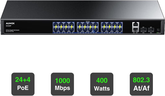 24 Port Gigabit Poe Switch, 28 Port Poe Switch Unmanaged 400W, with 2 X Uplink Gigabit Ports, 2 X 1G SFP Slots, Rackmount or Desktop, Poe Recovery, Plug and Play,Vlan, 802.3 Af/At (SG528P)