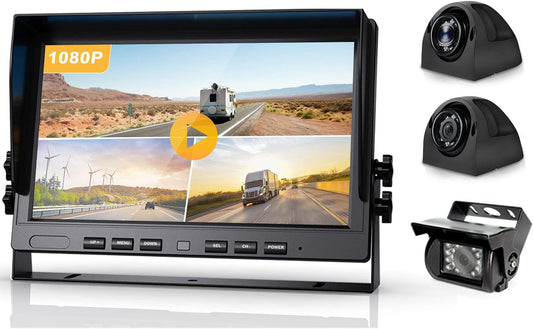 10'' Wired Backup Camera System, 3 X 1080P HD Side Rear View Camera with Split LCD Monitor, DVR Function, 32GB Card, Clear Night Vision, IP69 Waterproof Reversing Camera Kit