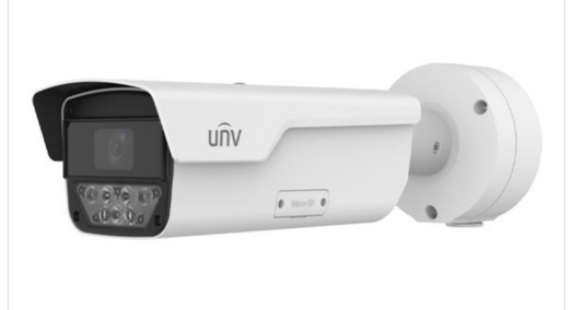 UNV 4MP License Plate Recognition LPR Weatherproof NDAA-Compliant Bullet IP Security Camera with IR Lights, LED Lights and a 8-32mm Motorized Len.