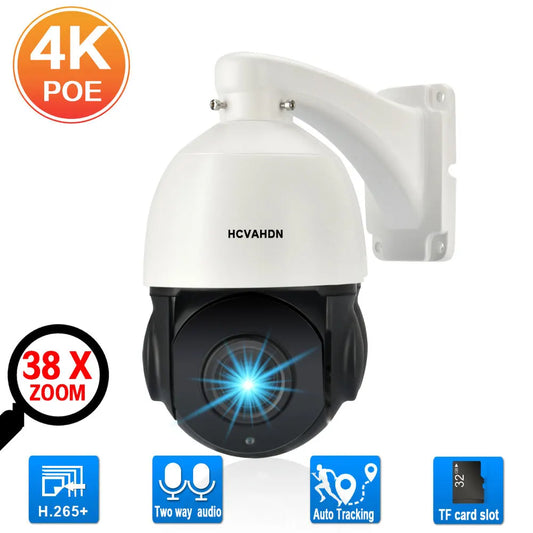 4K POE PTZ Security Camera 30X 38X Zoom Outdoor Two Way Audio CCTV Dome Camera Video Surveillance System Auto Tracking 8MP IP