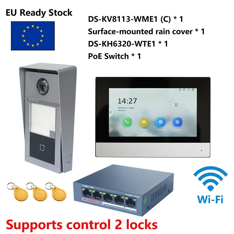 HIKVISION KIS604 Multi-Language 802.3Af POE Video Intercom Kit,Include DS-KV8113-WME1(C) & DS-KH6320-WTE1 & Poe Switch