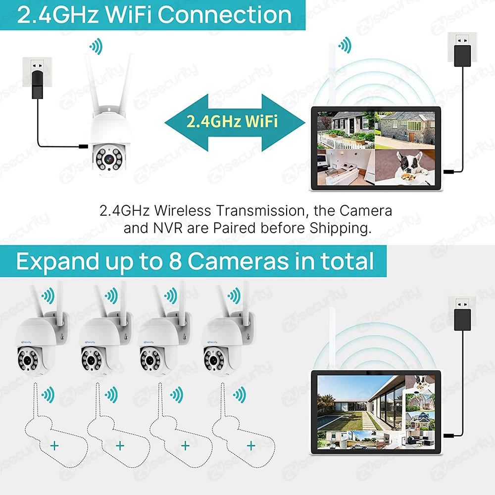 3MP Wifi Home Security Kit 10.1"Monitor NVR Kit Wireless PTZ Security Camera System 2Way Audio CCTV Surveillance Cameras Set HDD