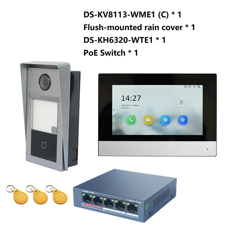 HIKVISION KIS604 Multi-Language 802.3Af POE Video Intercom Kit,Include DS-KV8113-WME1(C) & DS-KH6320-WTE1 & Poe Switch