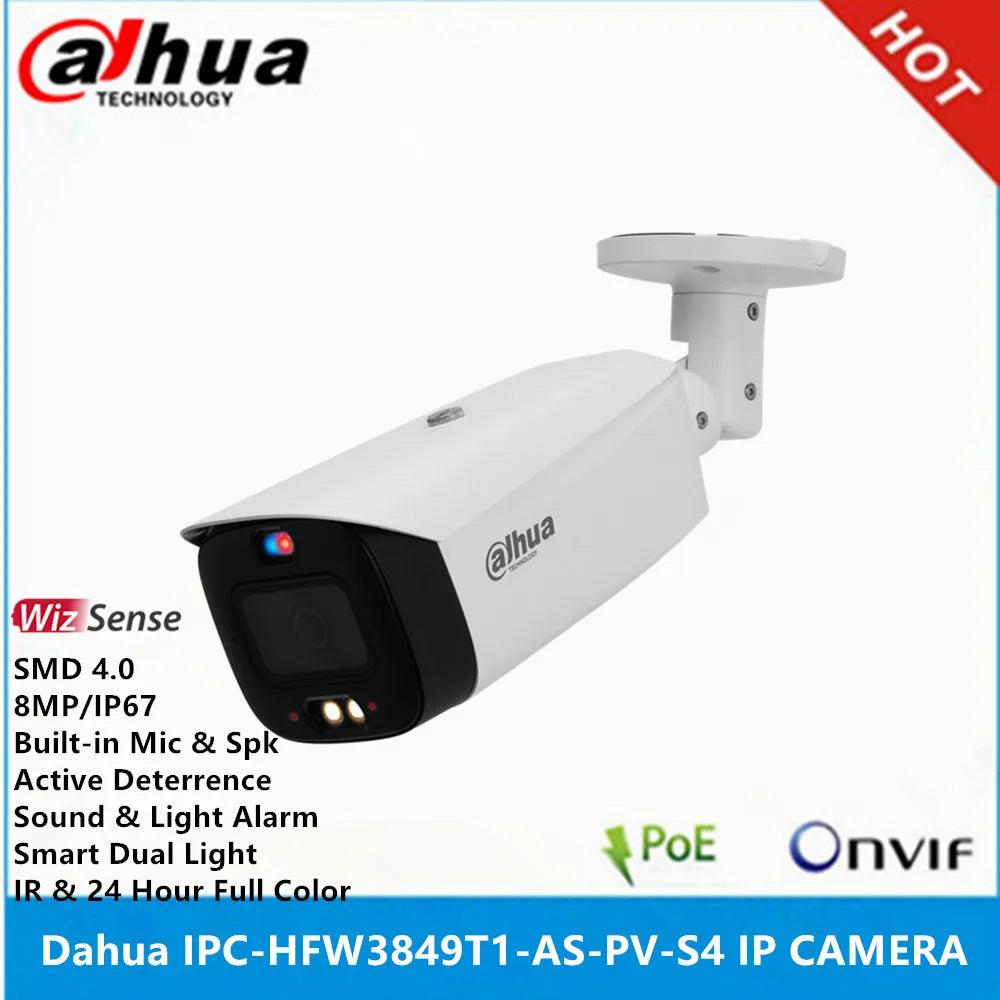 IPC-HFW3849T1-AS-PV-S4 8MP POE IP67 Built-In Mic & Spk IR30M & Full Color 30M Active Deterrence SMD 4.0 Wizsense IP Camera